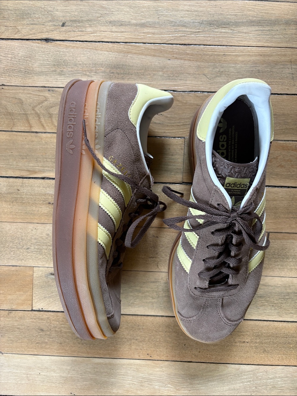 adidas Mocha Brown Suede Platform Gazelle Sneakers with Yellow Stripes
